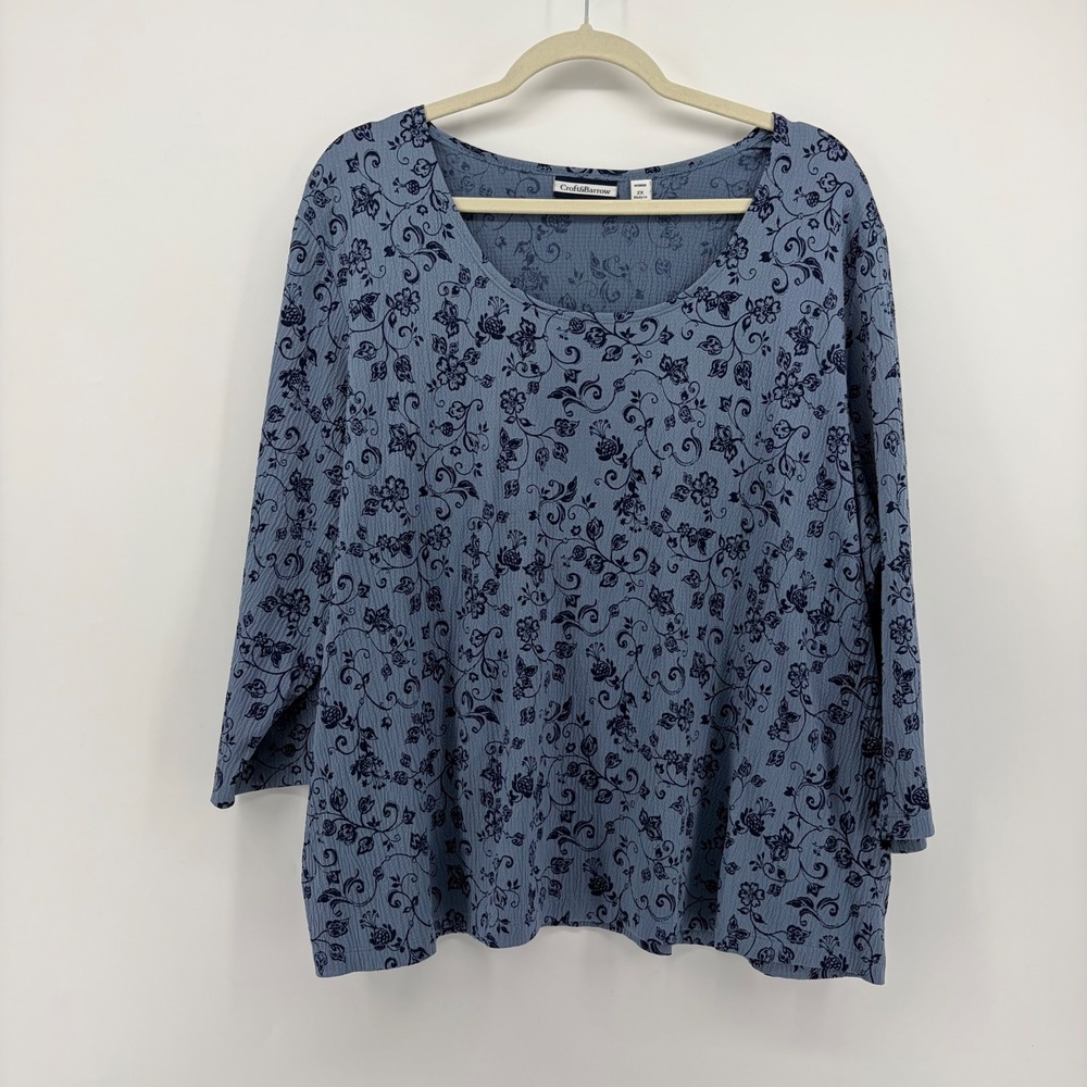 Croft‎ & Barrow Womens 2X Blue Floral 3/4 Sleeve Textured Scoop Neck Blouse